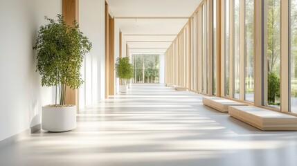 Poster - A bright and airy hallway with large windows, showcasing greenery outside, and light wooden accents creating a fresh and welcoming atmosphere