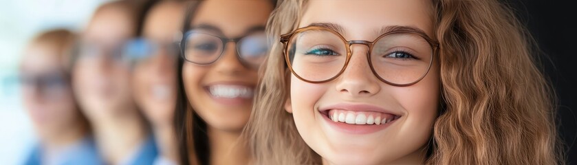 Portrait of smiling woman with glasses, confidence, intellect and joyful expression.