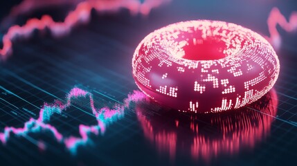 Wall Mural - A close-up of a futuristic D donut chart with segmented, glowing parts, floating above a digital grid, representing complex financial data