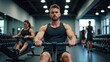 © DhanaStudio - Focused athlete during a rowing exercise at a gym, conveying dedication and strength - ideal for fitness campaigns, workout tutorials, or gym promotions,