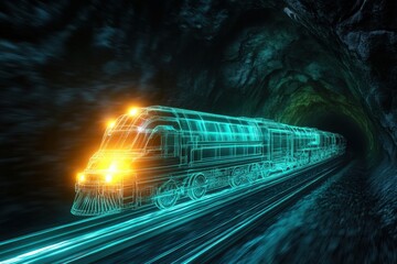 Poster - Digital train traveling through a dark tunnel with glowing neon lights