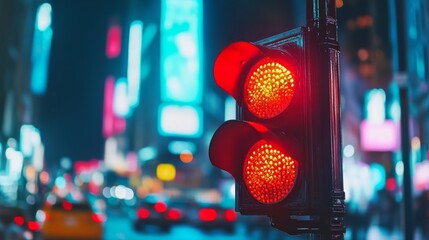 Aufkleber - A close-up view of a traffic light displaying a red signal, with bright colors against a blurred cityscape background, emphasizing its importance in road safety