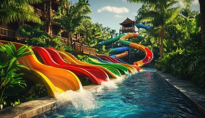 A panoramic aqua park banner depicting an orange water slide that weaves through lush greenery before ending in a tranquil blue pool.