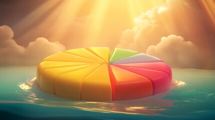 Fototapete - A colorful D pie chart with individual segments floating in mid-air, surrounded by a soft glow, symbolizing financial data distribution
