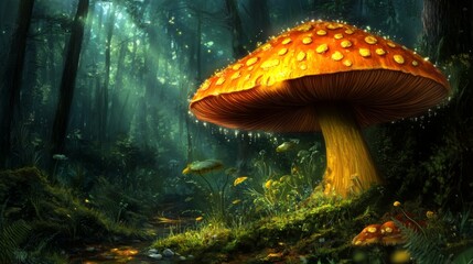 Poster - A colorful mushroom with bright orange and yellow hues, adorned with tiny water droplets, set against a rich, dark forest floor