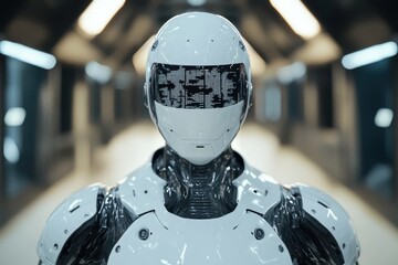 Poster - Futuristic humanoid robot with a digital display on its face in a sleek modern environment
