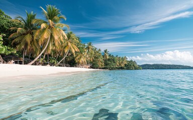 Tropical Beach in Boracay Idyllic tropical beach with palm trees, clear turquoise water, and white sand.