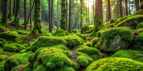 Wall Mural - Lush green moss covering rocks in a forest, nature, green, plant, environment, textured, growth, forest floor, mossy, earthy