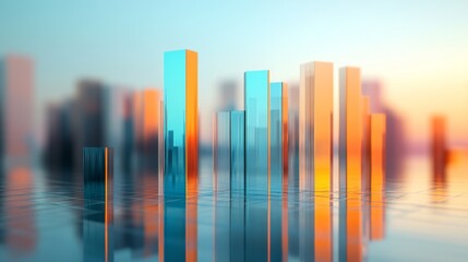 Aufkleber - A dynamic bar graph with tall, shiny bars in blue and orange, standing on a reflective grid, symbolizing financial success and economic performance