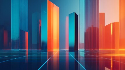 Aufkleber - A dynamic bar graph with tall, shiny bars in blue and orange, standing on a reflective grid, symbolizing financial success and economic performance