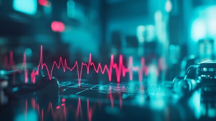 Poster - A dynamic heart waveform overlaid on a faint background of medical equipment, symbolizing the interplay between technology and human health