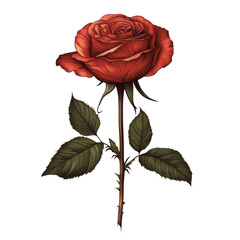 Poster - A detailed botanical illustration showcases a single red rose with its stem, thorns, and leaves against a plain background.
