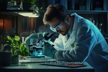 Poster - Scientist working late in the lab examining samples under the microscope