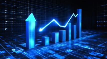 Poster - A futuristic D bar chart with tall, glowing columns and an upward trending arrow, hovering over a dark digital background filled with grid patterns