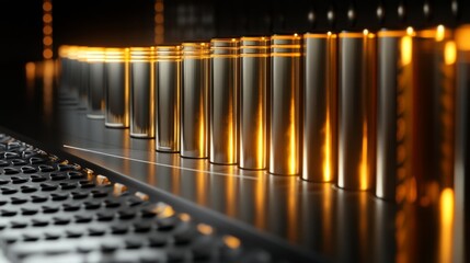 Fototapete - A futuristic financial bar chart with glowing bars in metallic tones, displayed on a reflective surface with subtle digital elements in the background