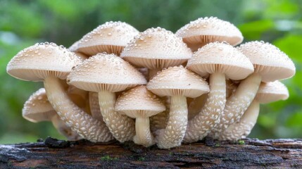 Poster - A group of mushrooms on a log, each topped with glistening dew droplets, captured in soft morning light filtering through the trees