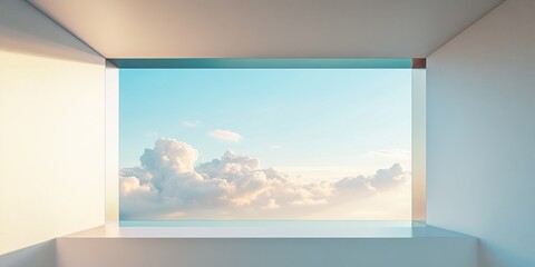 Wall Mural - A modern minimalist room featuring a large window with a breathtaking view of clouds and blue sky, creating a peaceful atmosphere.