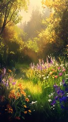 Wall Mural - A sunlit forest clearing filled with colorful wildflowers and lush greenery, creating a peaceful and vibrant natural scene.