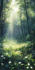 Sticker - A tranquil forest scene with sunlight streaming through trees, illuminating a path lined with wildflowers.