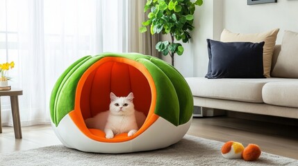 Poster - A plush, colorful cat bed shaped like a cave, placed in a cozy corner of a living room, inviting cats to snuggle and relax