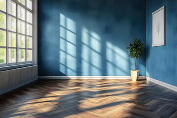 Poster - A 3D rendering of a modern, Scandinavian-style interior with wood flooring and a blue wall creates an inviting and minimalist atmosphere in an empty room