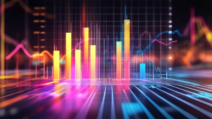 Poster - A professional bar chart with bold, colorful bars rising in front of a clean, minimalist grid background, symbolizing financial performance and growth