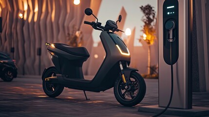 Poster - futuristic electric scooter parked at charging station with its sleek design glowing under soft evening light