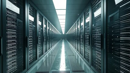 Poster - a long hallway with rows of servers, neatly organized and humming with activity, subtle, minimalisti