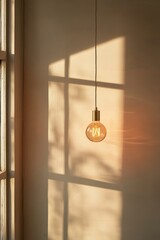 Poster - This image features a vintage light bulb casting soft shadows, symbolizing intellectual ideas and creativity. The warm ambiance enhances a tranquil space.