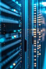 Poster - A captivating view of a data center featuring illuminated rack servers and fiber optic cables, showcasing modern technology in blue light.
