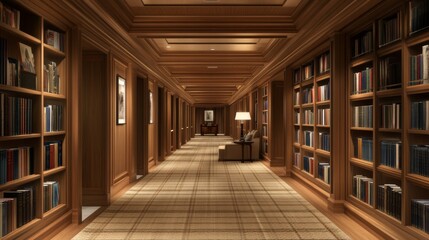 Poster - A serene hallway lined with bookshelves, soft lighting, and a comfortable reading nook at the end, creating an inviting space for relaxation and leisure