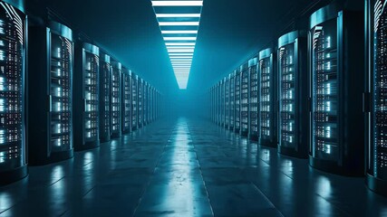 Poster - This video shows a long hallway filled with rows of servers, providing the infrastructure for data storage and processing, Subtle, minimalistic portrayal of a data warehouse