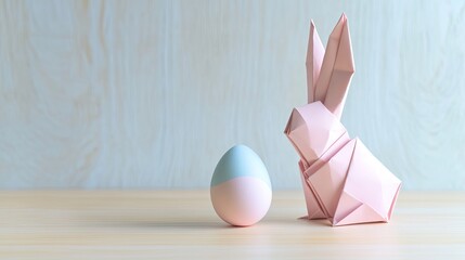 Poster - minimalist design featuring origami bunny and pastel egg on light wooden table