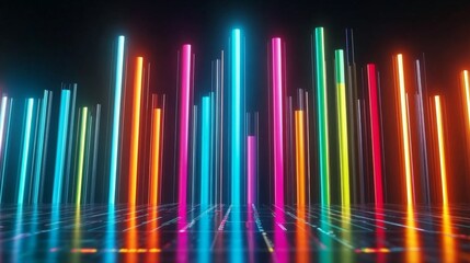 Fototapete - A set of glossy D bars rising dramatically from a financial dashboard, with neon highlights and subtle lighting effects to convey financial growth