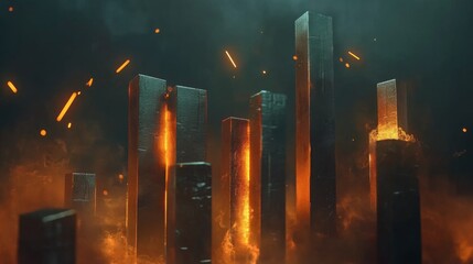 Poster - A set of metallic D bars in a financial chart rising steadily in height, with a dark, futuristic background and glowing digital data points floating around