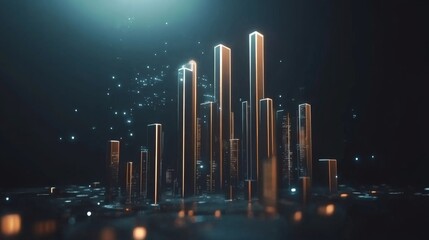 Poster - A set of metallic D bars in a financial chart rising steadily in height, with a dark, futuristic background and glowing digital data points floating around
