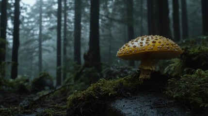 Aufkleber - A single large mushroom with intricate patterns on its cap, adorned with droplets of water, placed on a mossy stone in a serene forest setting