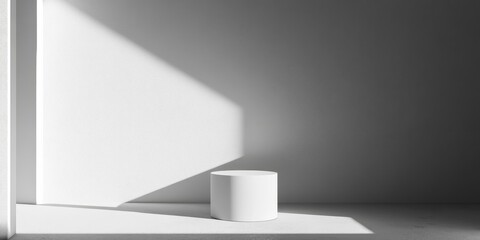 Poster - A white room with a white wall and a white pedestal. The room is empty and the pedestal is the only object in the room