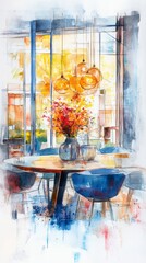 Poster - A table with a vase of flowers on it. There are two chairs on the table. The table is surrounded by a window