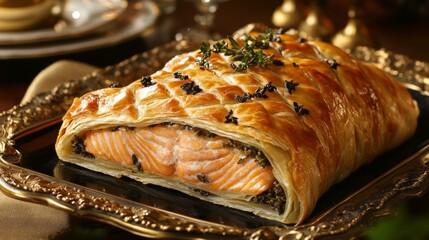 Poster - A stunning image of a salmon en crote, wrapped in flaky pastry with herbs and spices, presented elegantly on a platter, showcasing culinary creativity