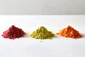 Poster - simple arrangement of holi powders in small neat piles on smooth white surface illuminated by soft natural light