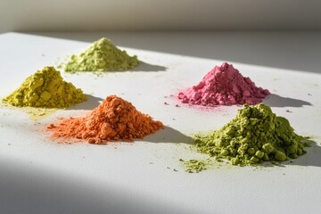 Poster - simple arrangement of holi powders in small neat piles on smooth white surface illuminated by soft natural light