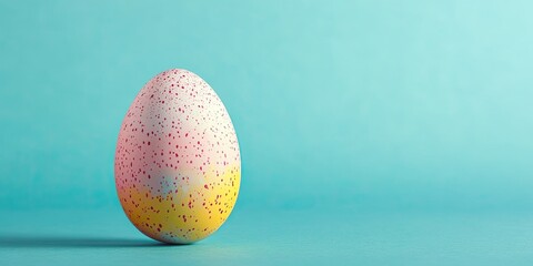 Poster - single pastel-painted egg standing upright on solid turquoise background with faint light reflections