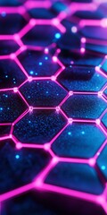 Wall Mural - A close up of a pink and blue hexagonal pattern. The pattern is made up of small squares and is lit up with neon colors