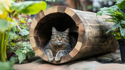 Poster - A unique cat hideaway made from natural wood, placed on a rustic patio surrounded by plants, offering a cozy retreat for feline friends