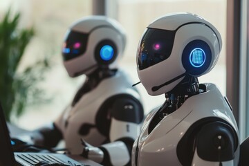 Fototapete - Advanced humanoid robots engaged in computer work in a modern office setting