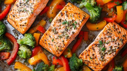Poster - A vibrant overhead shot of a salmon and vegetable stir-fry, showcasing colorful bell peppers, broccoli, and tender salmon pieces in a delicious sauce