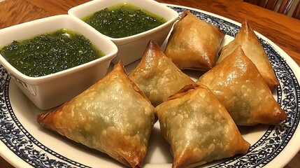 Wall Mural - A vibrant plate of vegetable samosas, golden brown and crispy, arranged with a side of mint chutney and tangy tamarind sauce, highlighting popular Indian appetizers