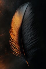 Poster - Detailed image of a black feather illuminated by warm golden light, highlighting its delicate texture and structure.