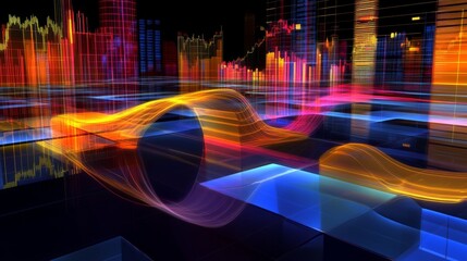 Poster - a visually striking d graph with interconnected nodes and ascending lines, set in a digital space wi